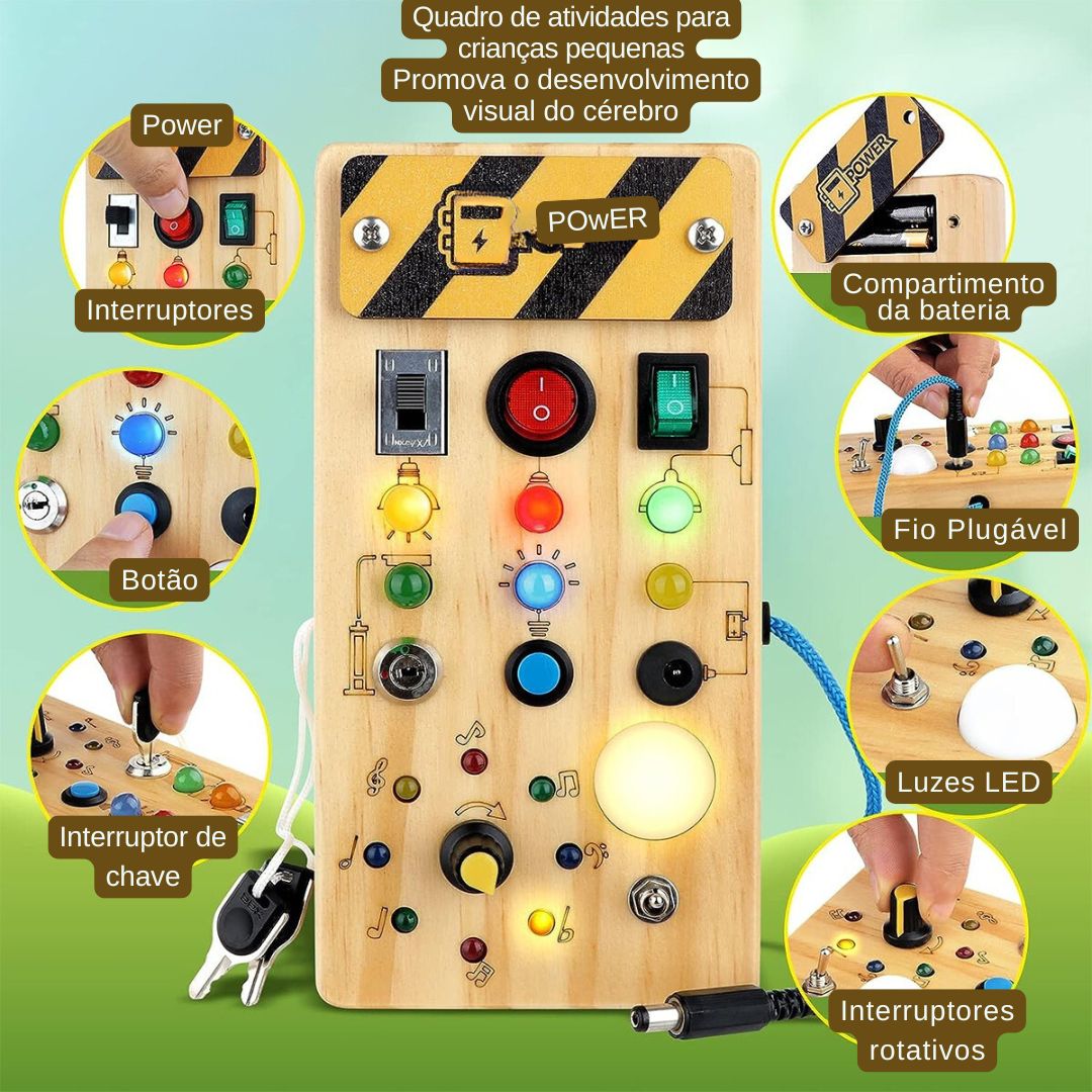 Brinquedo placa sensorial de madeira montessori com led - 2 A 4 ANOS - Cuidarte Integral