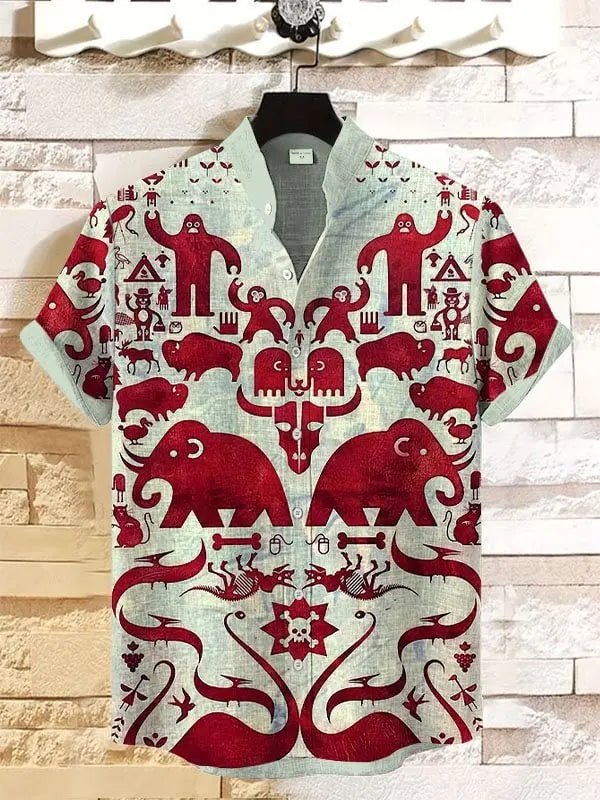 Camisa Masculina Estampada com Elefante Sagrado em Linho – Estilo Oriental Retrô - Cuidarte Integral