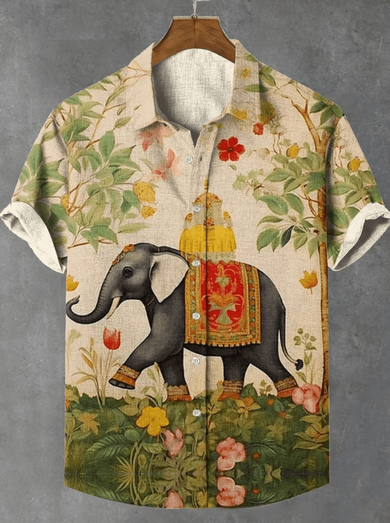 Camisa Masculina Estampada com Elefante Sagrado em Linho – Estilo Oriental Retrô - Cuidarte Integral
