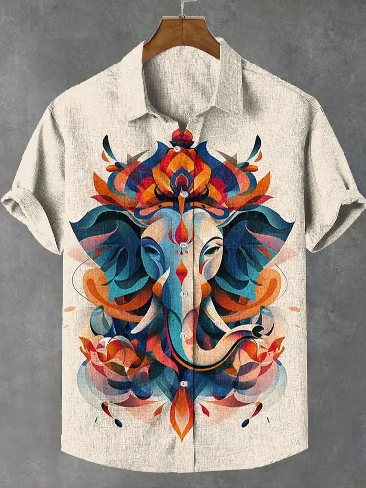 Camisa Masculina Estampada com Elefante Sagrado em Linho – Estilo Oriental Retrô - Cuidarte Integral