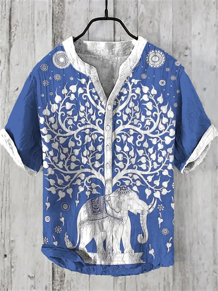 Camisa Masculina Estampada com Elefante Sagrado em Linho – Estilo Oriental Retrô - Cuidarte Integral
