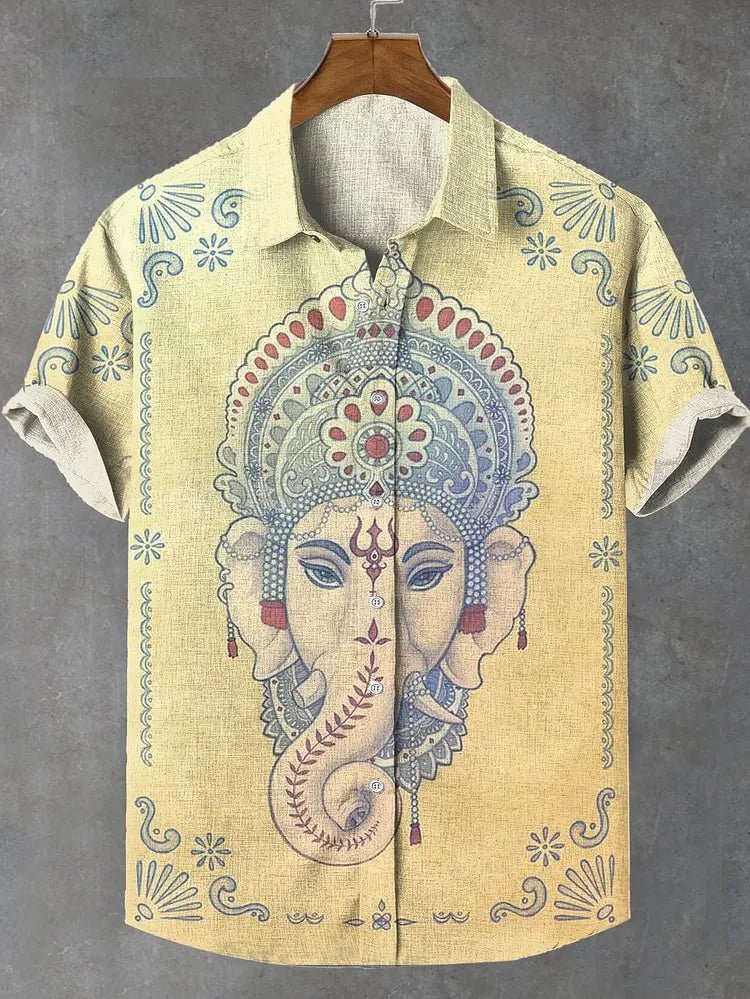 Camisa Masculina Estampada com Elefante Sagrado em Linho – Estilo Oriental Retrô - Cuidarte Integral