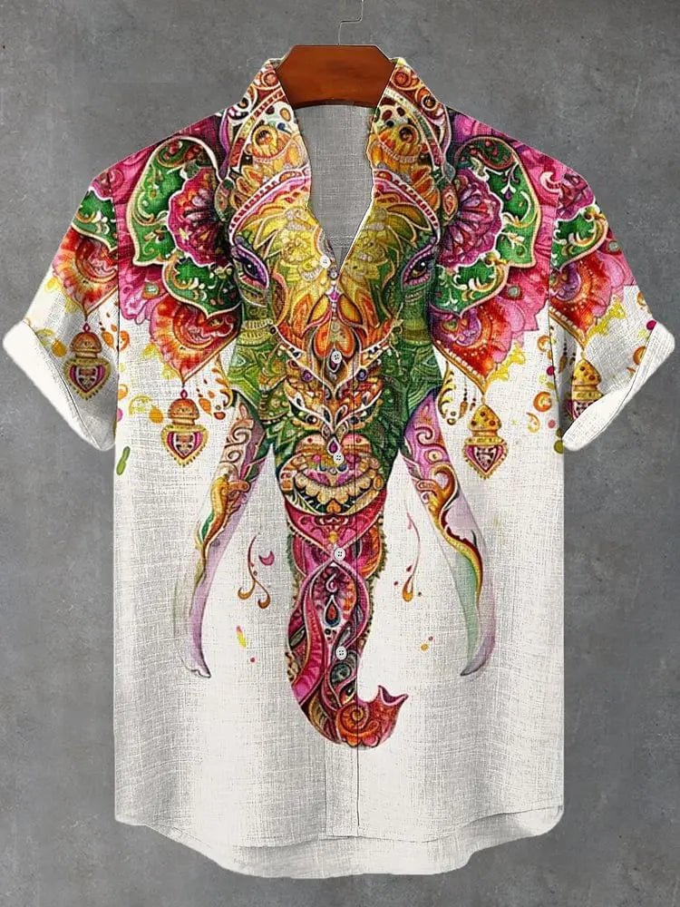 Camisa Masculina Estampada com Elefante Sagrado em Linho – Estilo Oriental Retrô - Cuidarte Integral