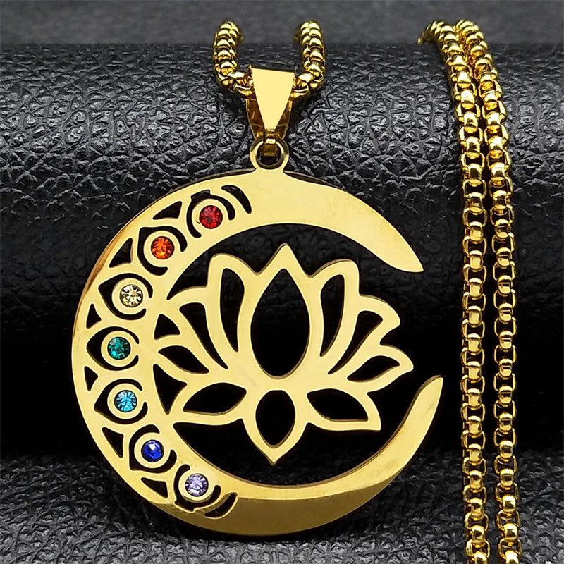 Colar pingente flor de lótus e lua 7 chakras - Cuidarte Integral