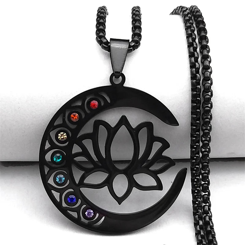 Colar pingente flor de lótus e lua 7 chakras - Cuidarte Integral