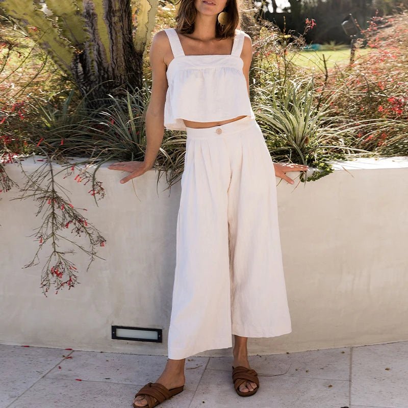 Conjunto Cropped de alça e Calça de linho com algodão feminino adulto boho chic - Cuidarte Integral