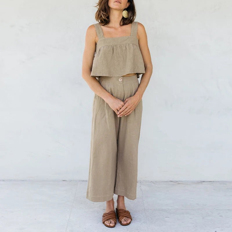 Conjunto Cropped de alça e Calça de linho com algodão feminino adulto boho chic - Cuidarte Integral