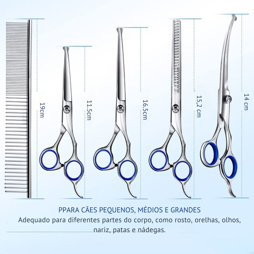 Conjunto de tesouras Profissional pet para tosas em aço inoxidável - Cuidarte Integral