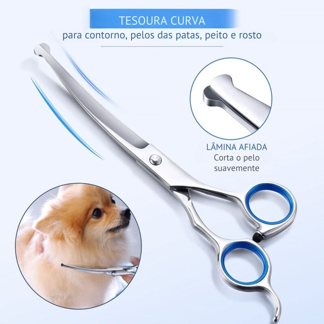 Conjunto de tesouras Profissional pet para tosas em aço inoxidável - Cuidarte Integral
