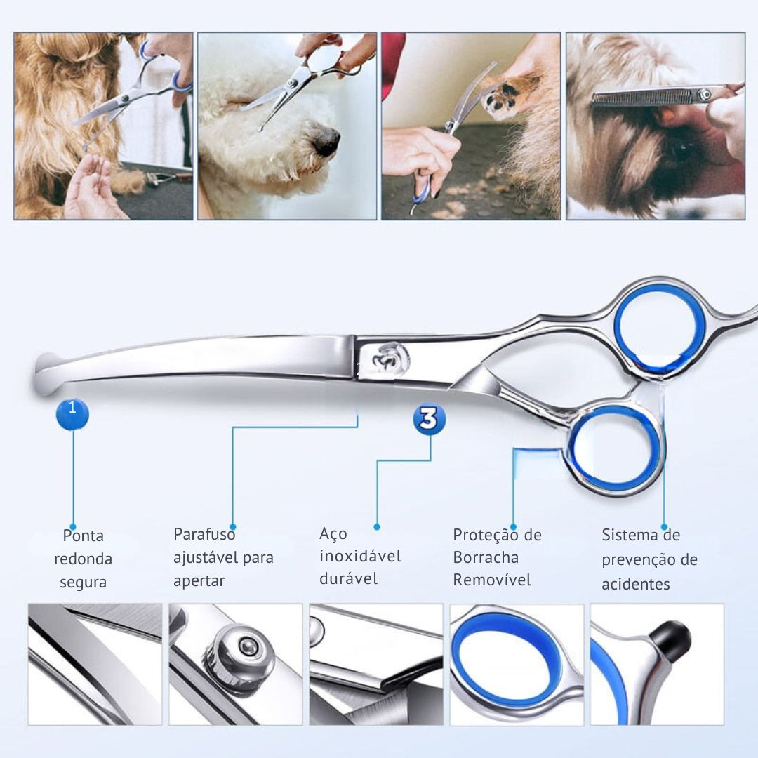 Conjunto de tesouras Profissional pet para tosas em aço inoxidável - Cuidarte Integral