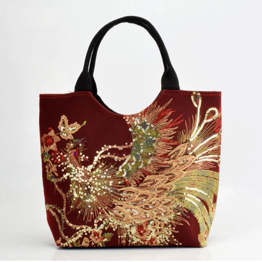 Bolsa Feminina Bordada Estilo Oriental com Pavão Dourado e Alça Dupla