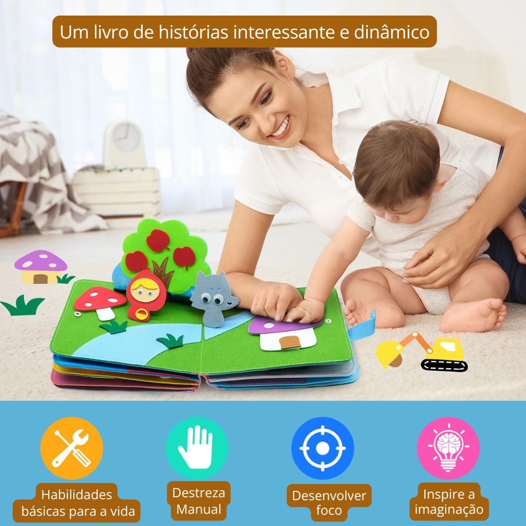 Livro de contar histórias brinquedo educacional sensorial montessori 0 - 6 anos - Cuidarte Integral