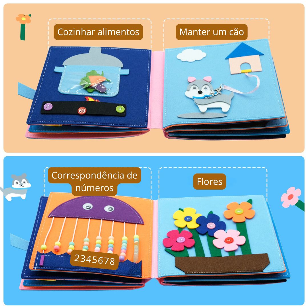 Livro de contar histórias brinquedo educacional sensorial montessori 0 - 6 anos - Cuidarte Integral