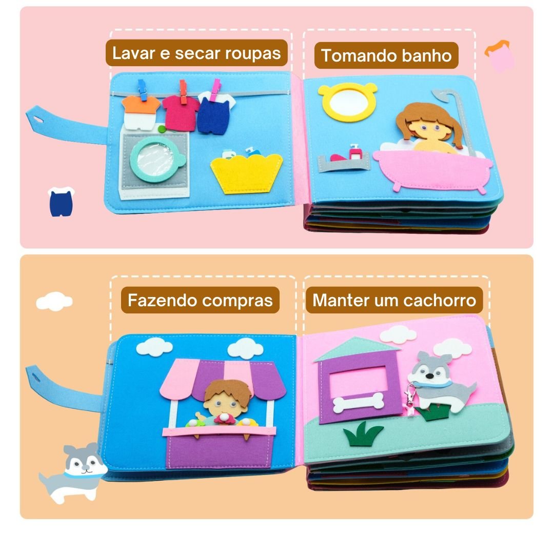 Livro de contar histórias brinquedo educacional sensorial montessori 0 - 6 anos - Cuidarte Integral