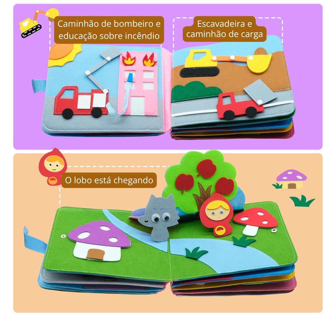 Livro de contar histórias brinquedo educacional sensorial montessori 0 - 6 anos - Cuidarte Integral