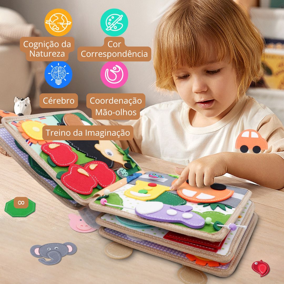 Livro de contar histórias brinquedo educacional sensorial montessori 0 - 6 anos - Cuidarte Integral