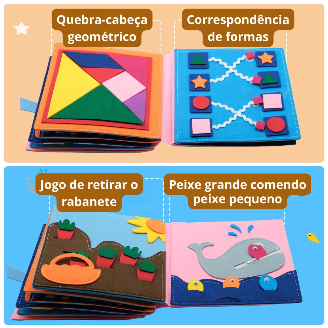 Livro de contar histórias brinquedo educacional sensorial montessori 0 - 6 anos - Cuidarte Integral