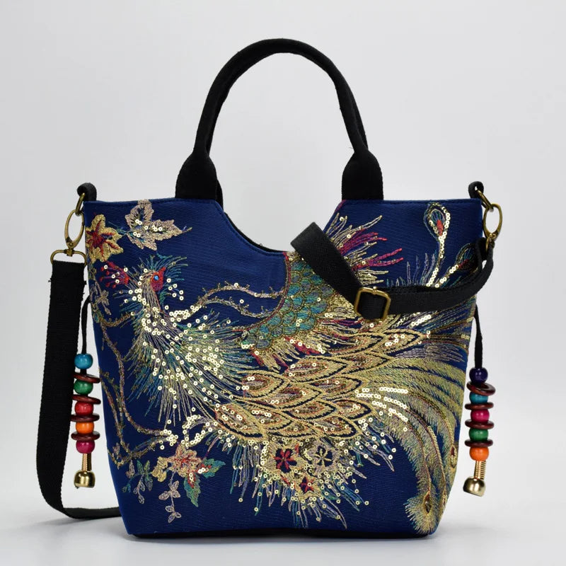 Bolsa Feminina Bordada Estilo Oriental com Pavão Dourado e Alça Dupla
