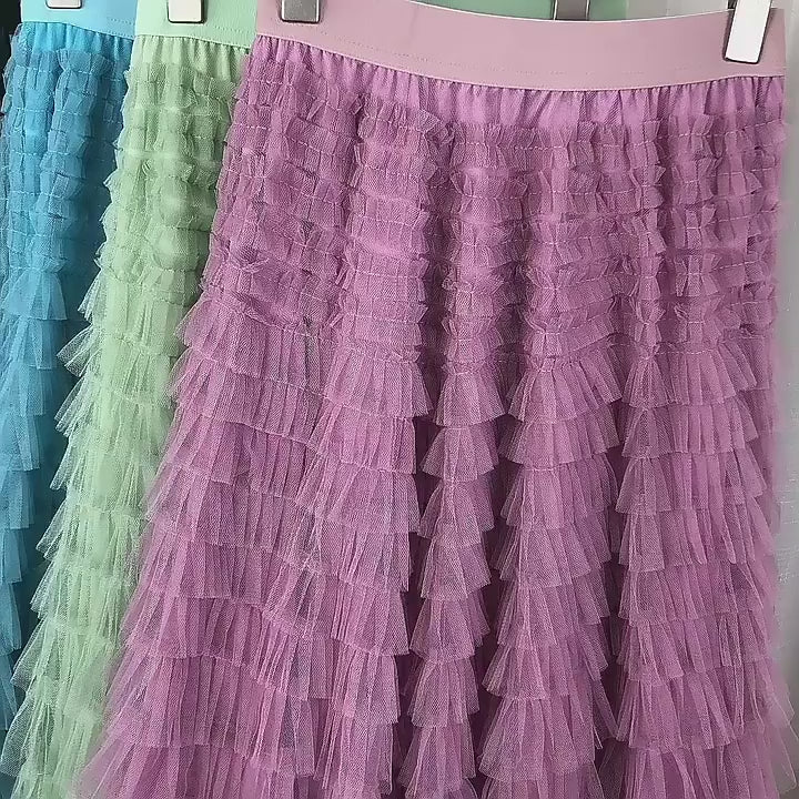 Saia Longa de Tule em Camadas Plissada Cintura Alta Feminina Boho Chic