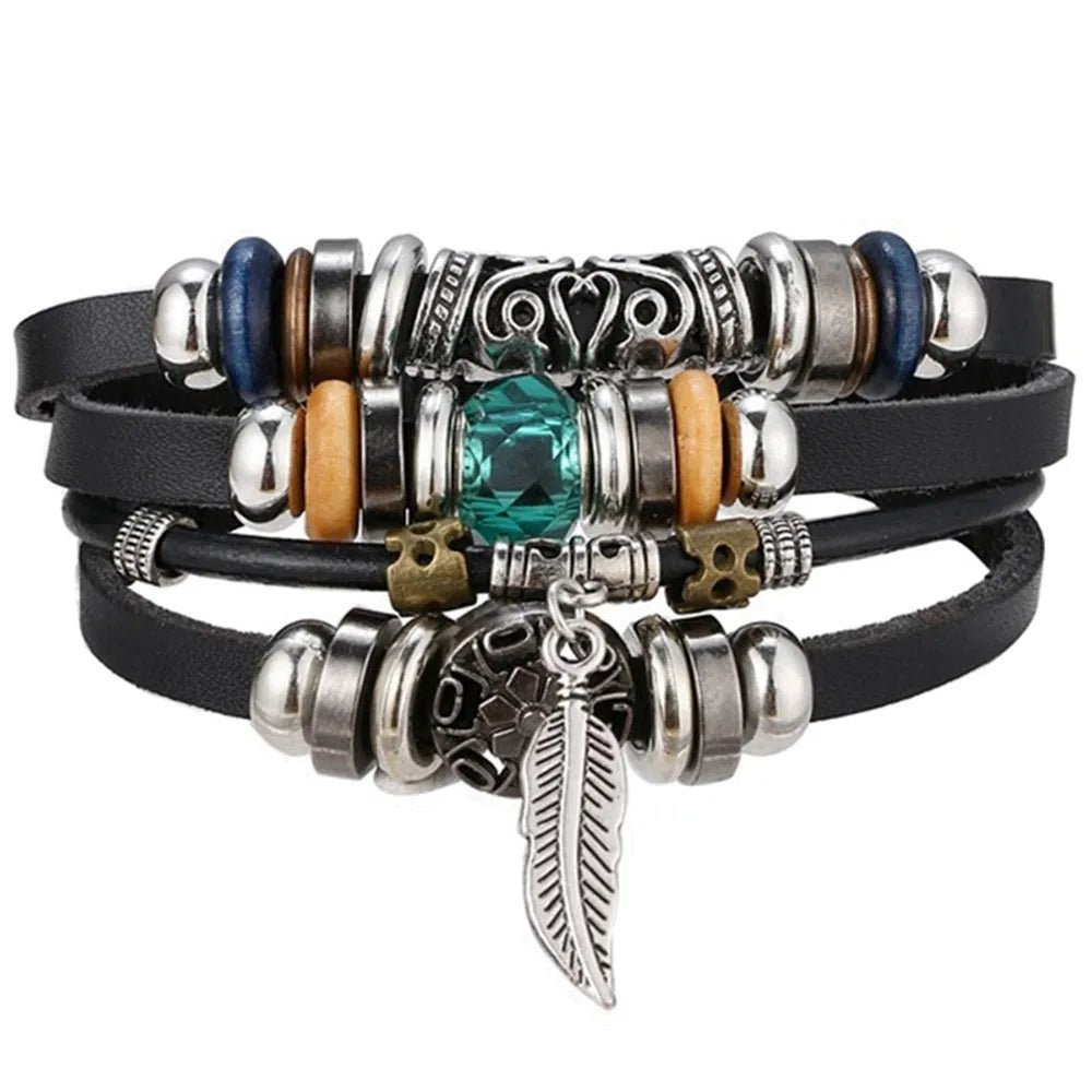 Pulseira masculina boho chic liga de zinco e couro - Cuidarte Integral