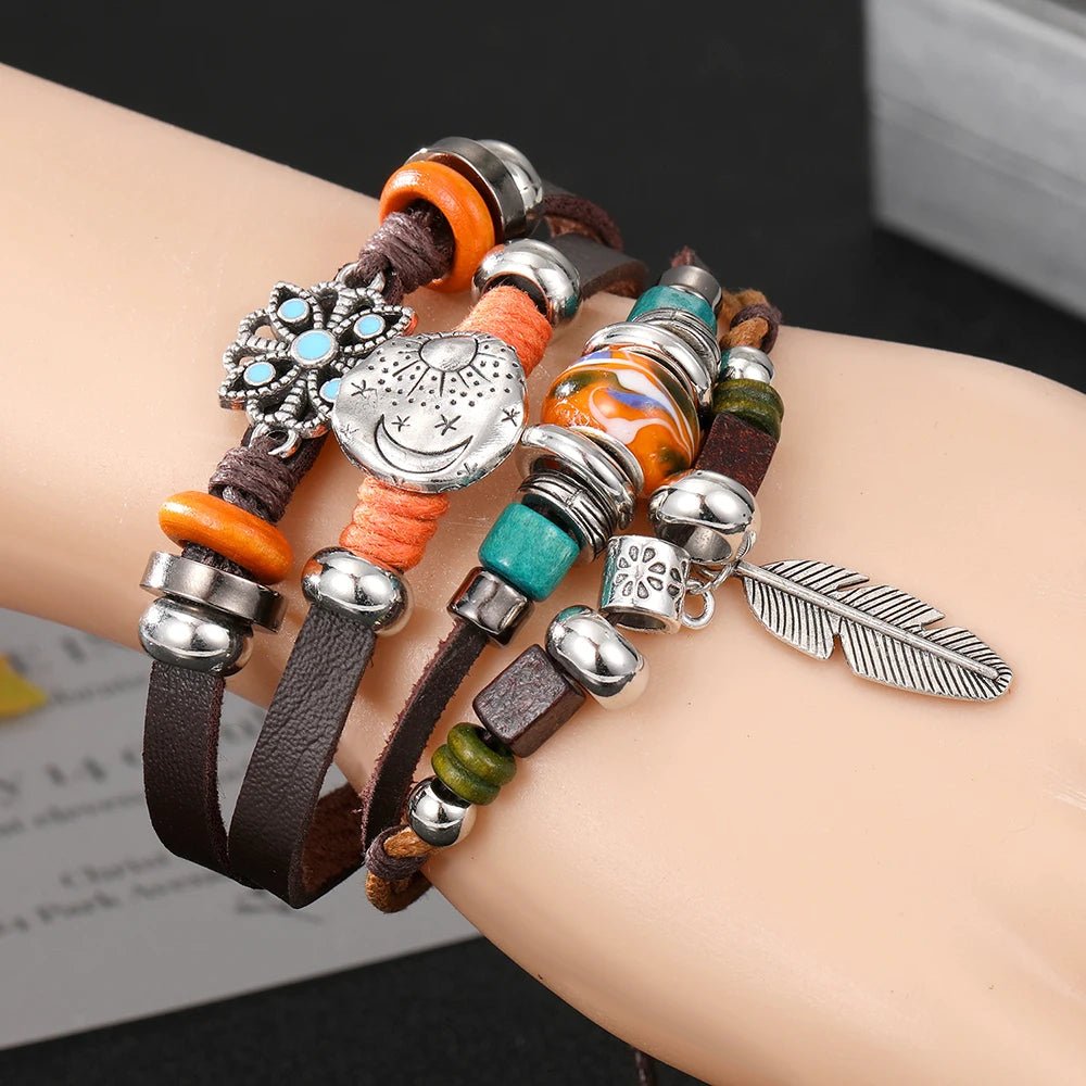 Pulseira masculina boho chic liga de zinco e couro - Cuidarte Integral