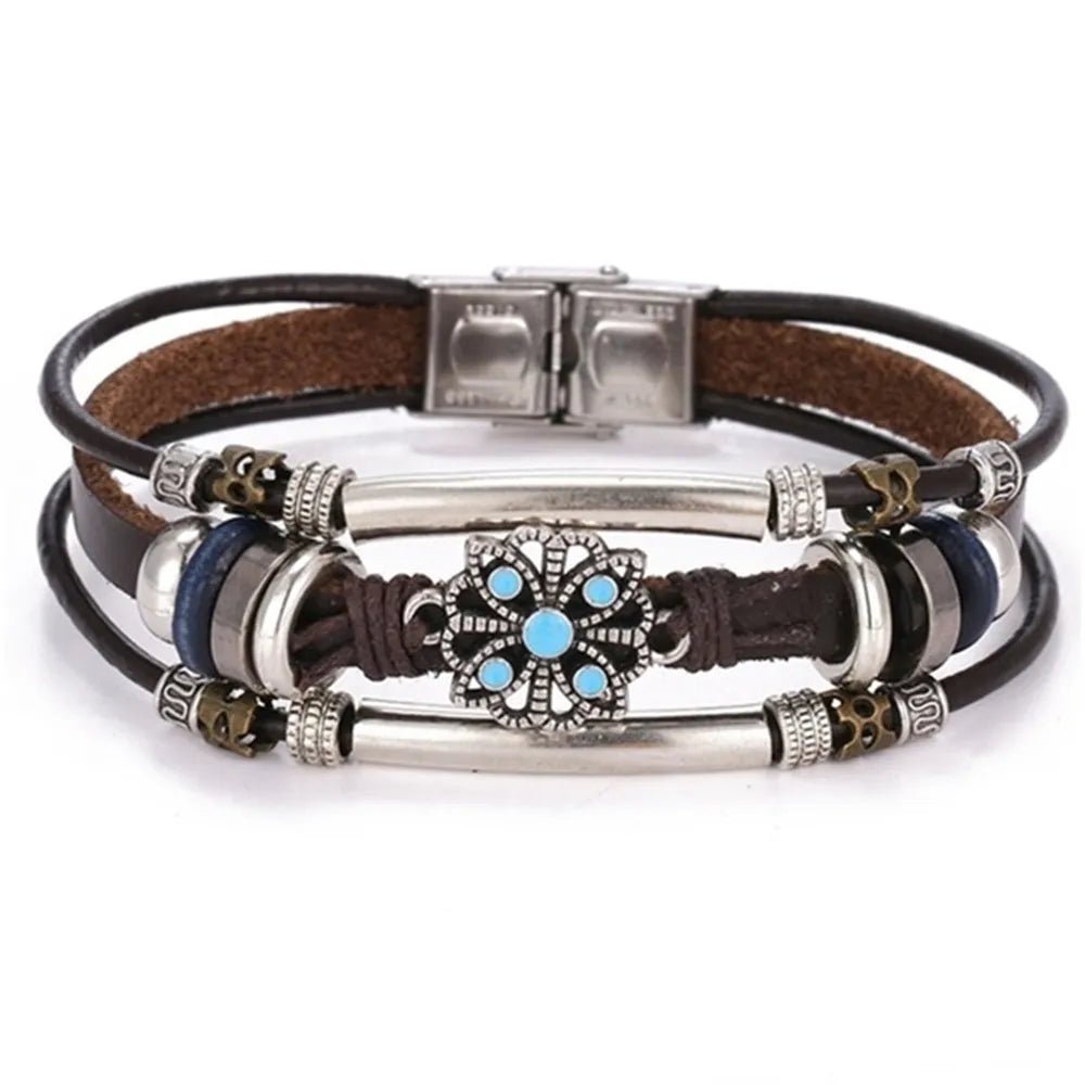Pulseira masculina boho chic liga de zinco e couro - Cuidarte Integral