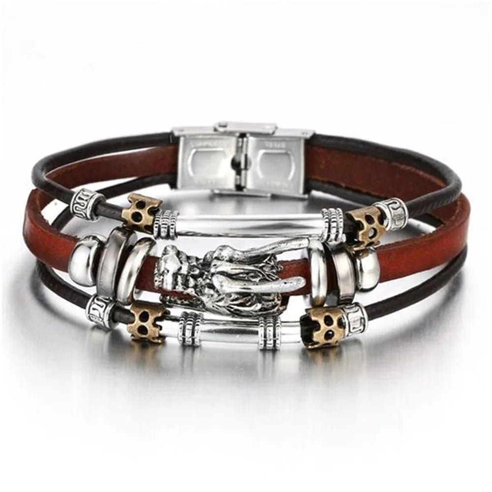 Pulseira masculina boho chic liga de zinco e couro - Cuidarte Integral