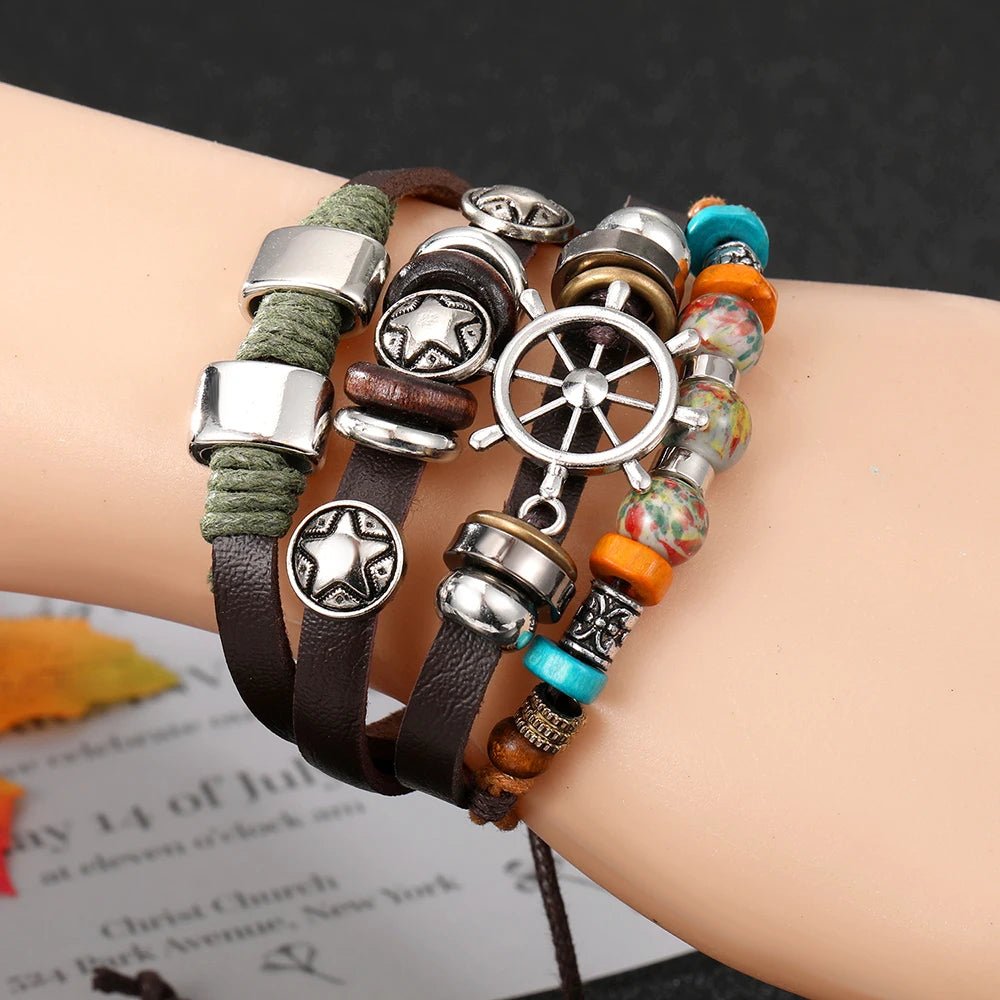 Pulseira masculina boho chic liga de zinco e couro - Cuidarte Integral