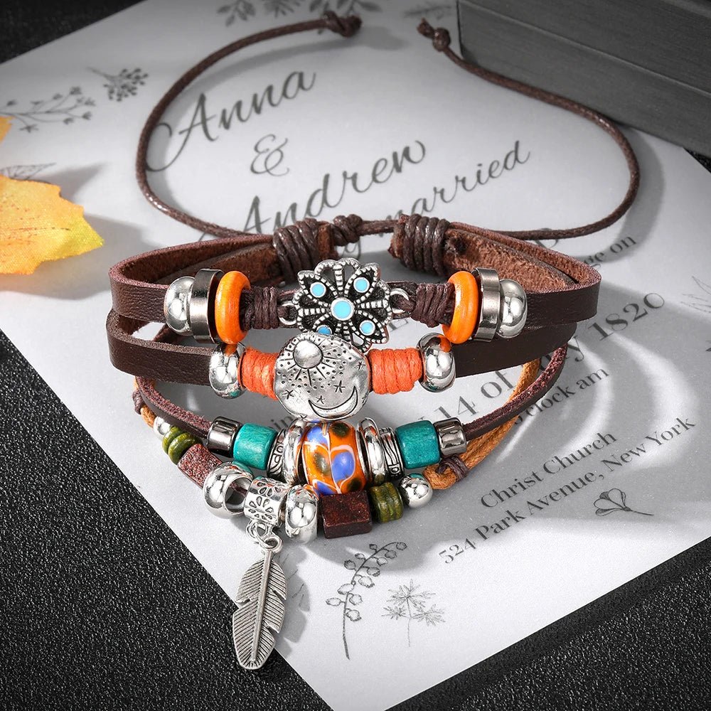 Pulseira masculina boho chic liga de zinco e couro - Cuidarte Integral