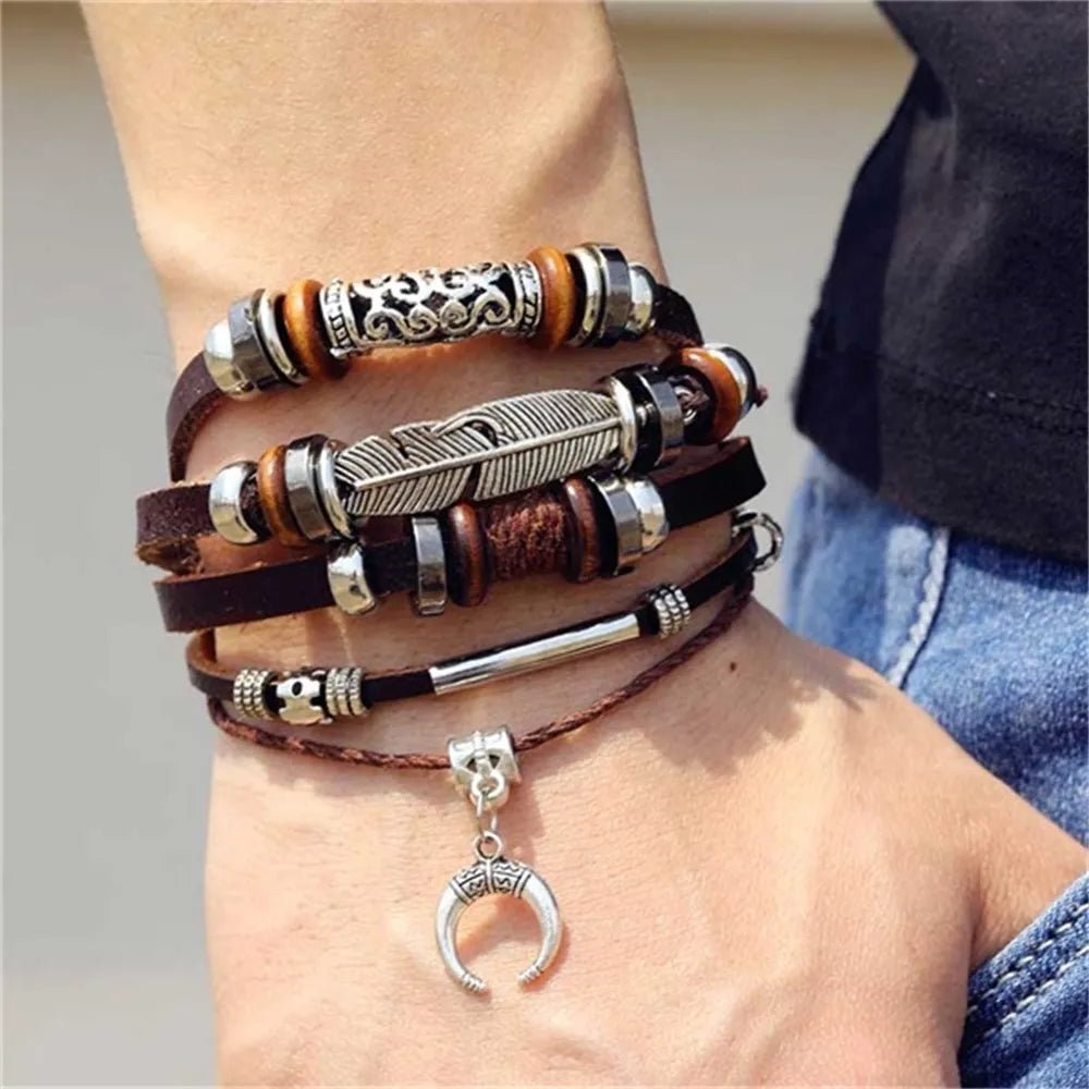 Pulseira masculina boho chic liga de zinco e couro - Cuidarte Integral