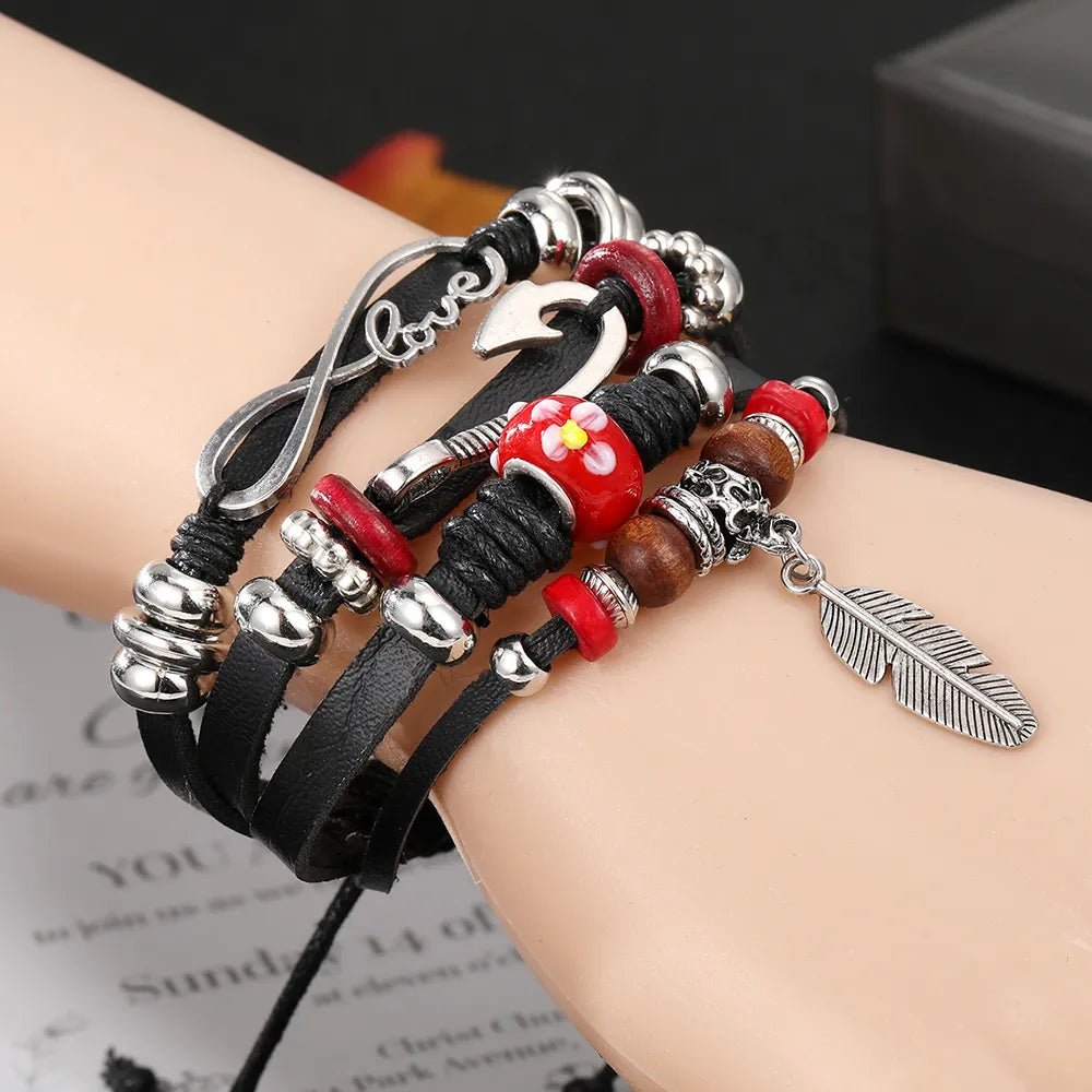 Pulseira masculina boho chic liga de zinco e couro - Cuidarte Integral