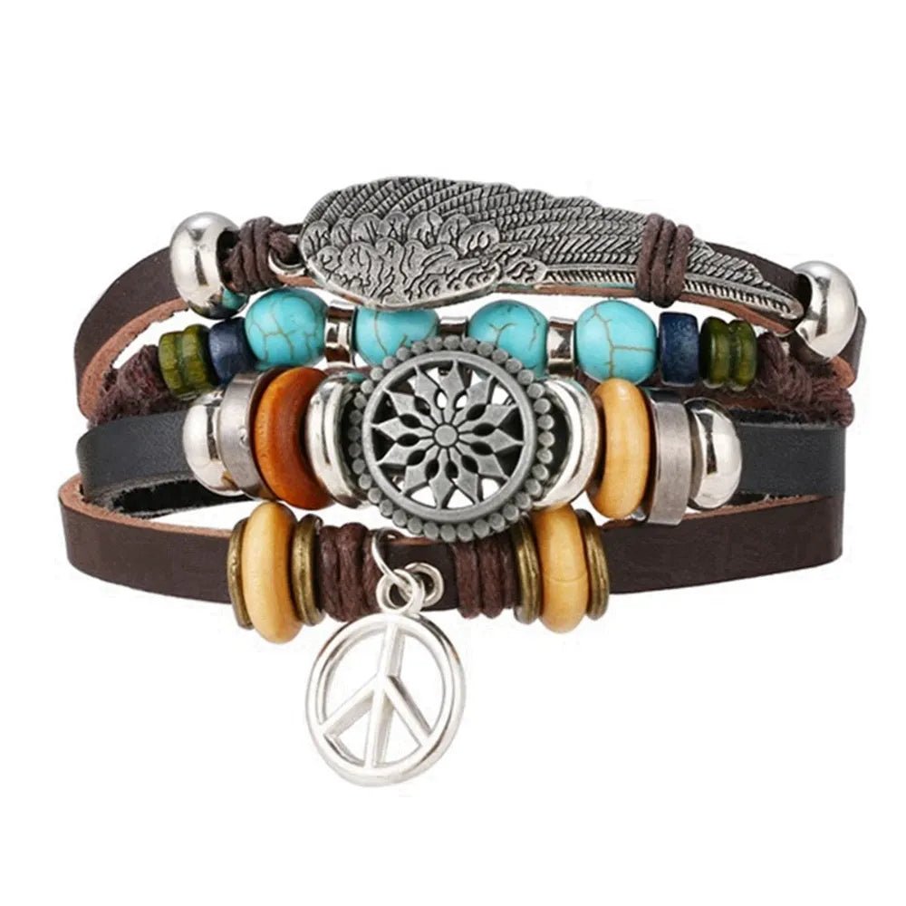 Pulseira masculina boho chic liga de zinco e couro - Cuidarte Integral