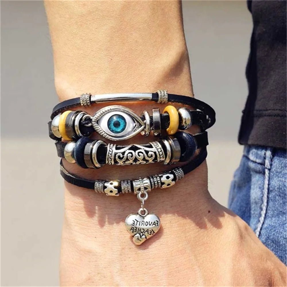 Pulseira masculina boho chic liga de zinco e couro - Cuidarte Integral