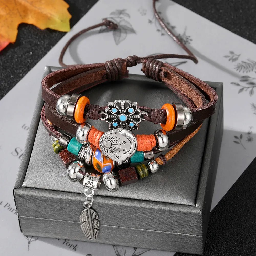 Pulseira masculina boho chic liga de zinco e couro - Cuidarte Integral
