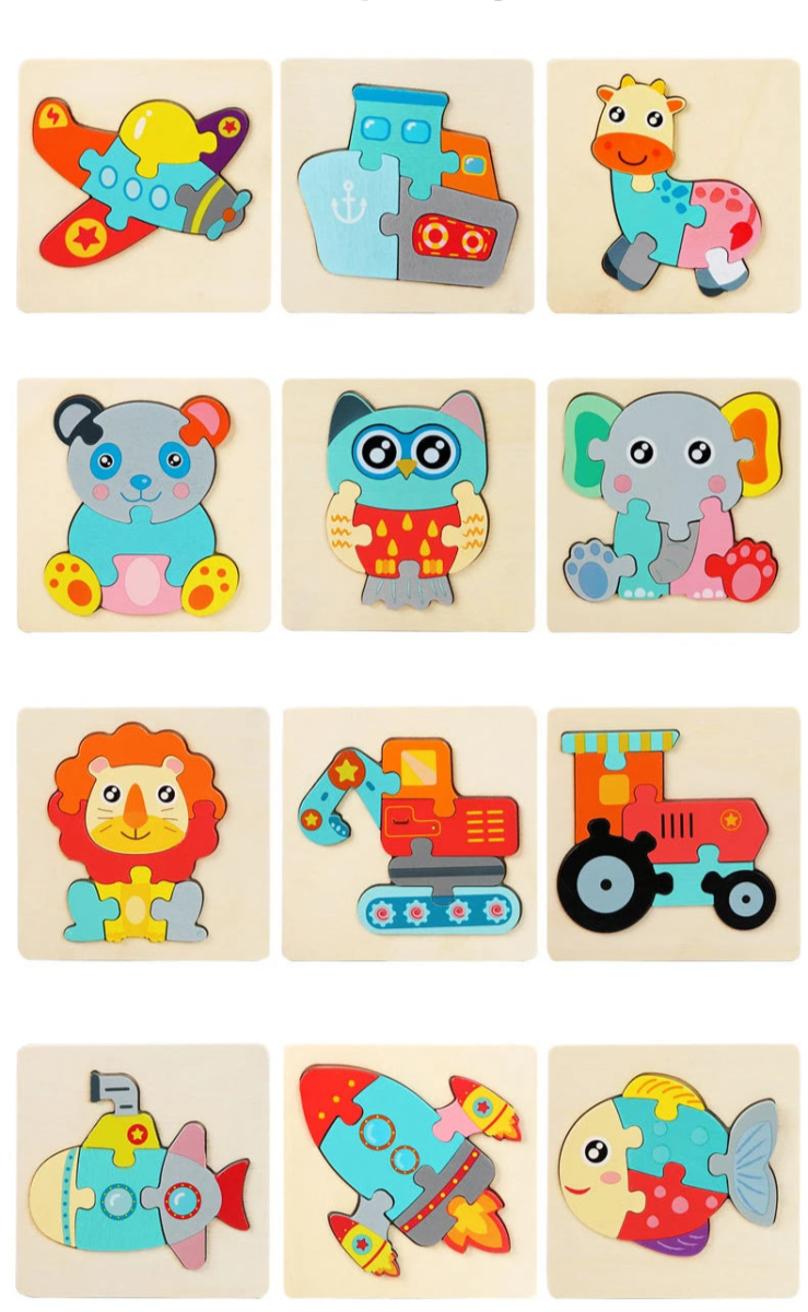 Quebra - Cabeça 3D de Madeira Educativo Infantil - Animais e Veículos Coloridos Montessori - Cuidarte Integral