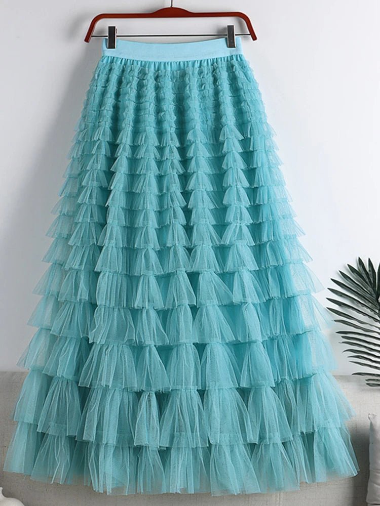 Saia Longa de Tule em Camadas Plissada Cintura Alta Feminina Boho Chic - Cuidarte Integral