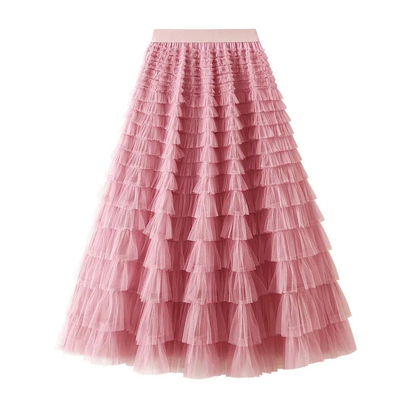 Saia Longa de Tule em Camadas Plissada Cintura Alta Feminina Boho Chic - Cuidarte Integral