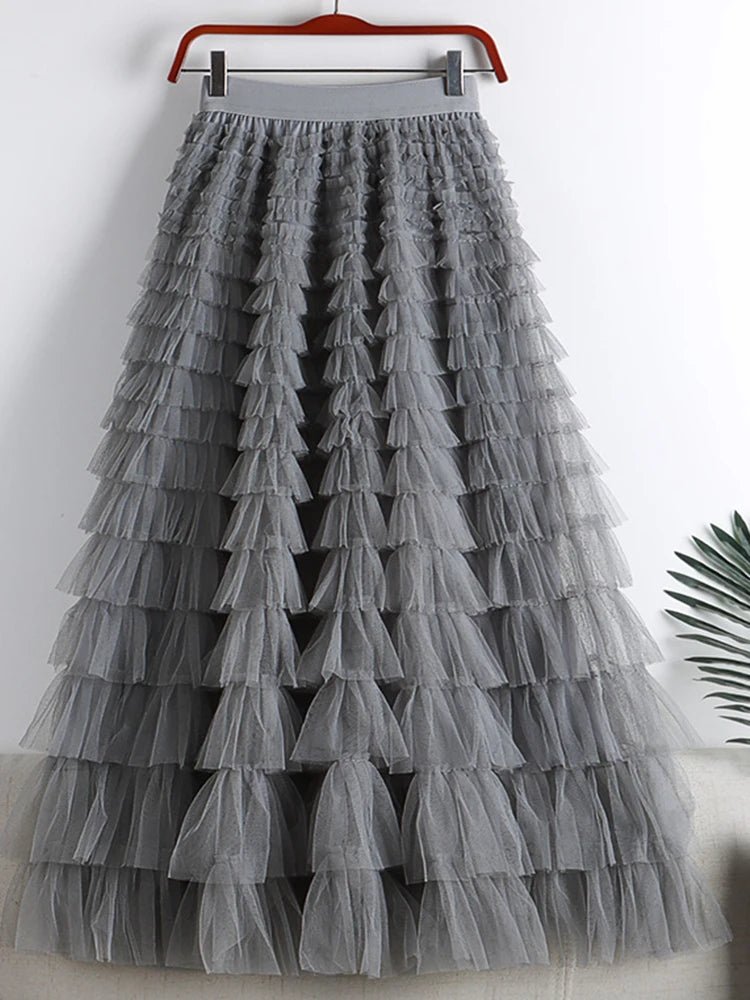 Saia Longa de Tule em Camadas Plissada Cintura Alta Feminina Boho Chic - Cuidarte Integral