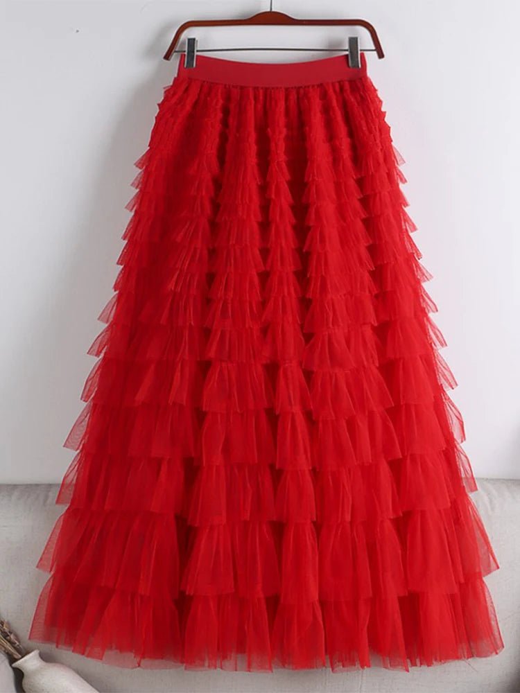 Saia Longa de Tule em Camadas Plissada Cintura Alta Feminina Boho Chic - Cuidarte Integral