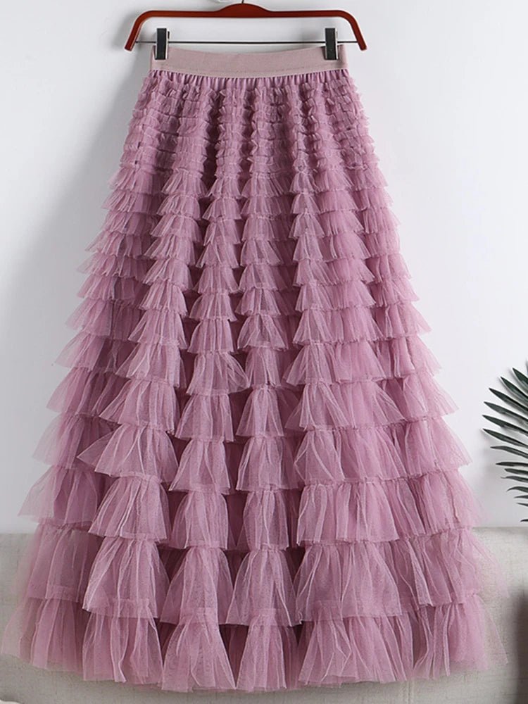 Saia Longa de Tule em Camadas Plissada Cintura Alta Feminina Boho Chic - Cuidarte Integral