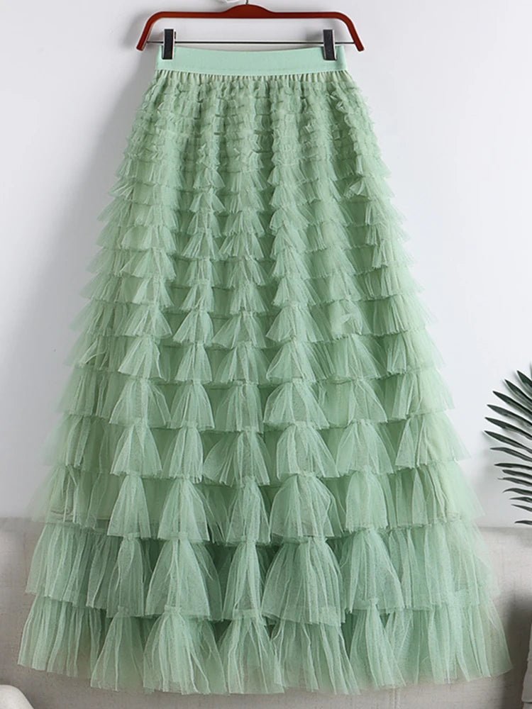 Saia Longa de Tule em Camadas Plissada Cintura Alta Feminina Boho Chic - Cuidarte Integral