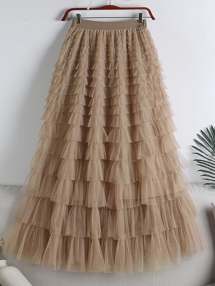 Saia Longa de Tule em Camadas Plissada Cintura Alta Feminina Boho Chic - Cuidarte Integral
