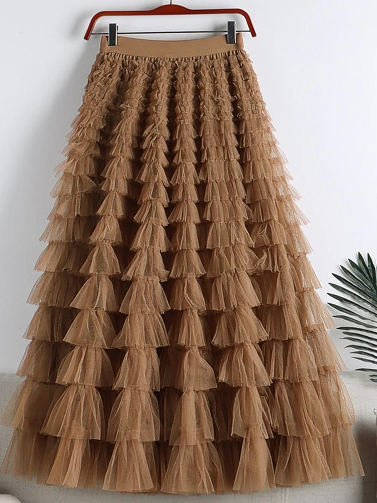 Saia Longa de Tule em Camadas Plissada Cintura Alta Feminina Boho Chic - Cuidarte Integral