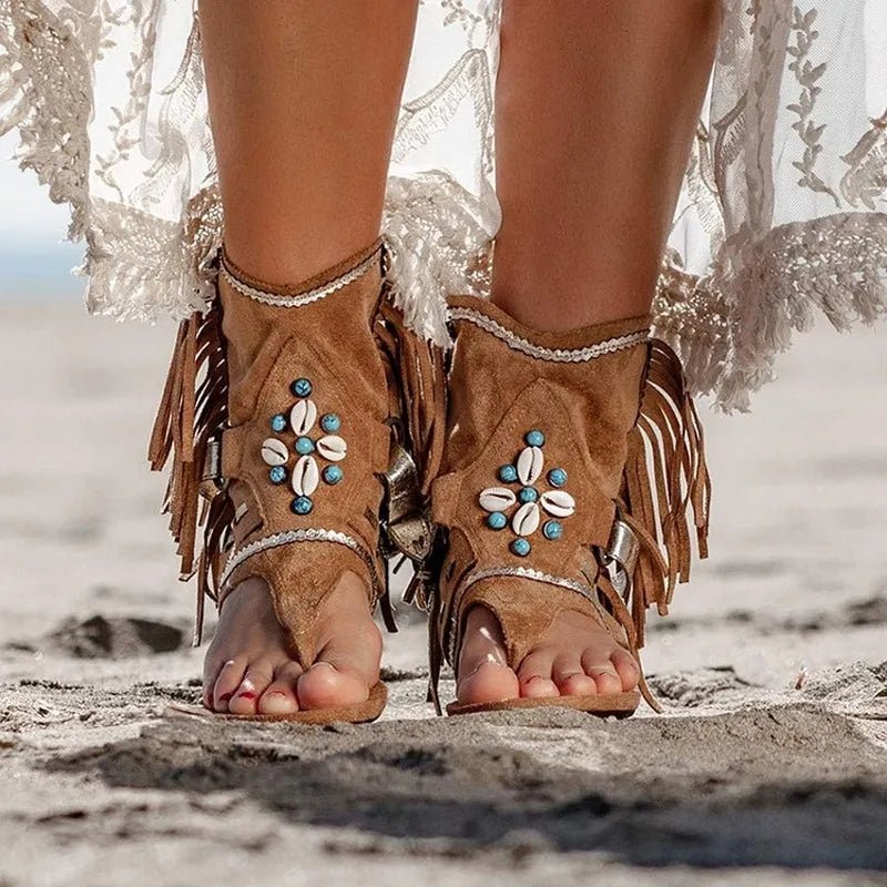 Sandália Feminina Boho com Franja e Conchas – Estilo Hippie Chic Retrô - Cuidarte Integral