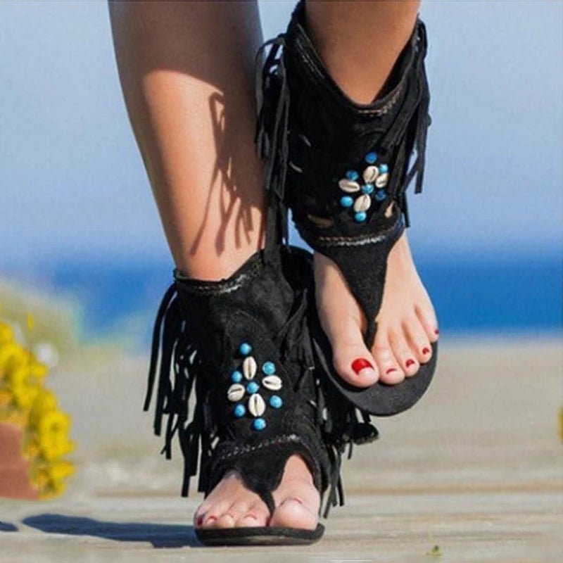 Sandália Feminina Boho com Franja e Conchas – Estilo Hippie Chic Retrô - Cuidarte Integral