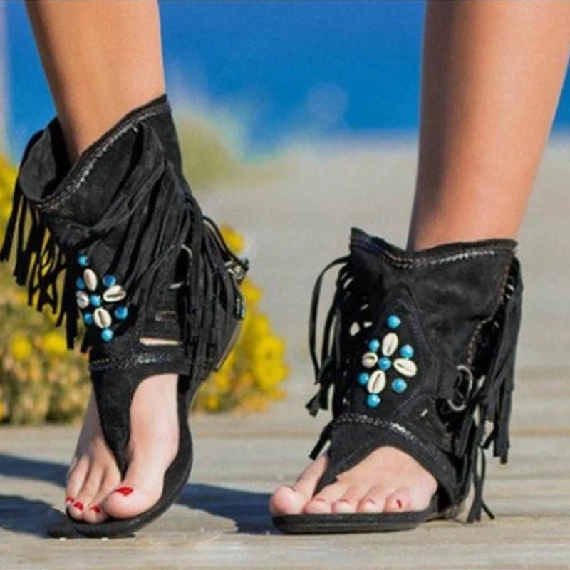 Sandália Feminina Boho com Franja e Conchas – Estilo Hippie Chic Retrô - Cuidarte Integral