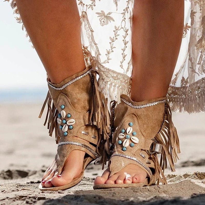 Sandália Feminina Boho com Franja e Conchas – Estilo Hippie Chic Retrô - Cuidarte Integral