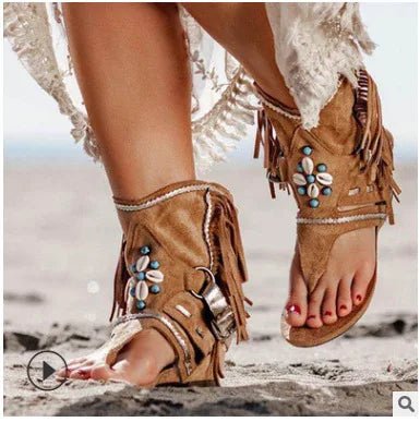 Sandália Feminina Boho com Franja e Conchas – Estilo Hippie Chic Retrô - Cuidarte Integral