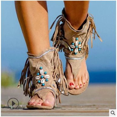 Sandália Feminina Boho com Franja e Conchas – Estilo Hippie Chic Retrô - Cuidarte Integral