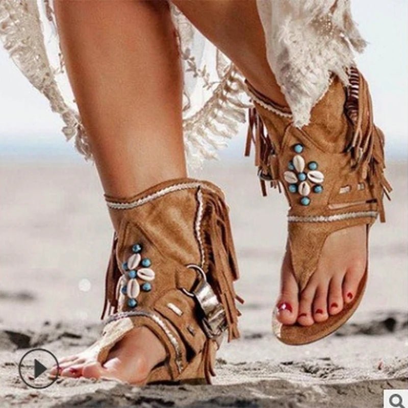 Sandália Feminina Boho com Franja e Conchas – Estilo Hippie Chic Retrô - Cuidarte Integral